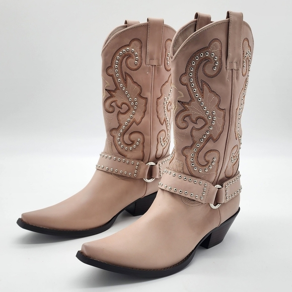 JEFFREY CAMPBELL The Kid Western Studded Beige Block Heel Snip Toe Boot Size 9.5 - Picture 2 of 13